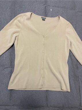 Ann Taylor Beige V-Neck Button Front Cardigan Sweater Size L